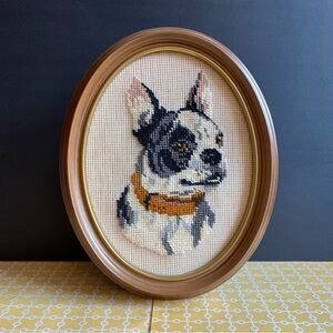 Vintage 1970s Boston Terrier Needlepoint – Oval Framed Textile Art